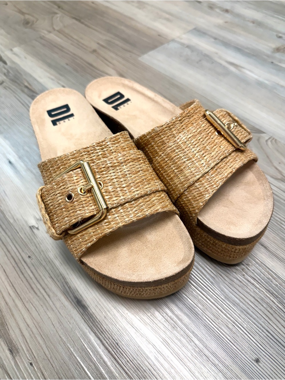 Dirty Laundry Tan Woven Buckle Slide Sandals